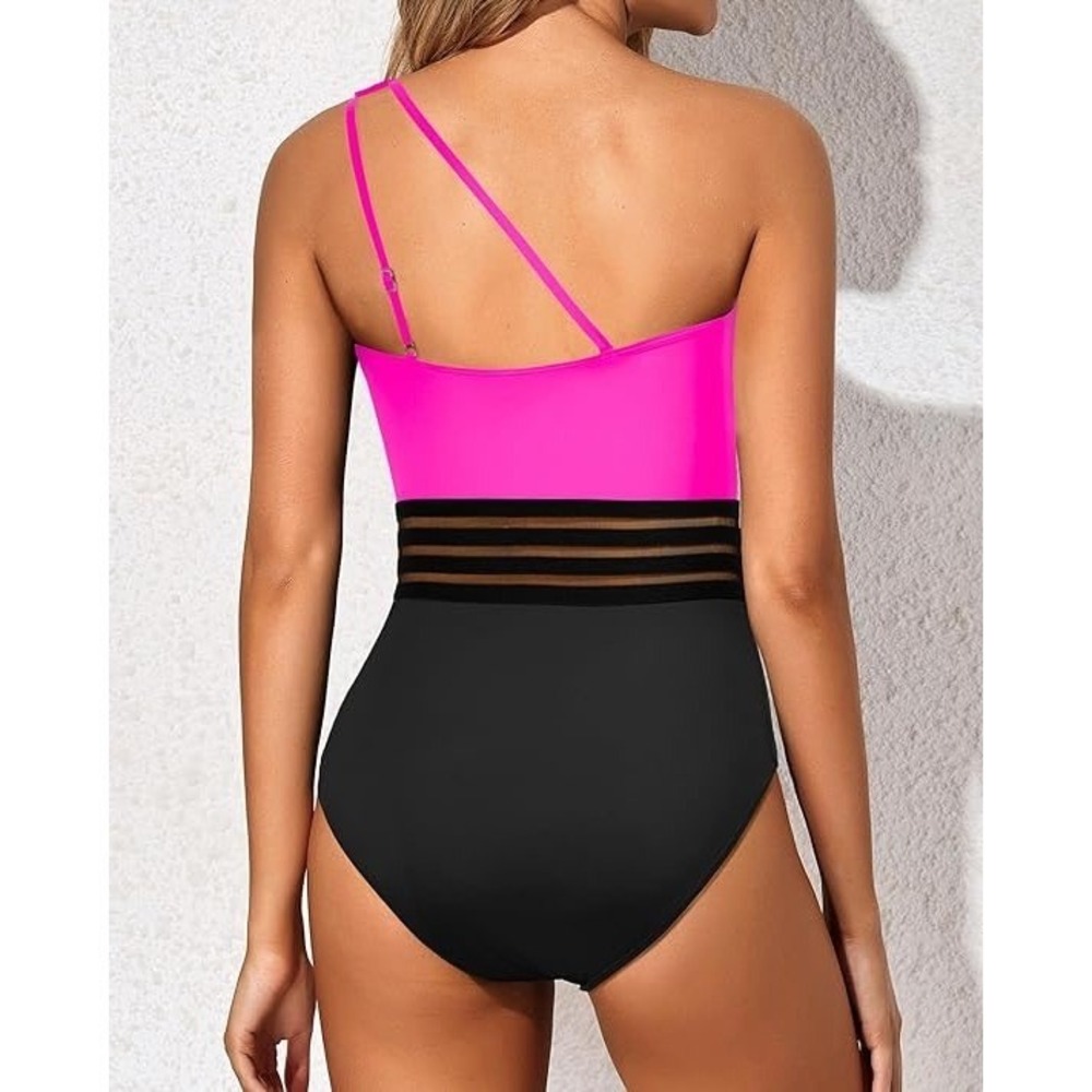 Holipick Womens One Piece Swimsuit Pink Black One Shoulder Mesh XL New With Tags - Picture 8 of 8